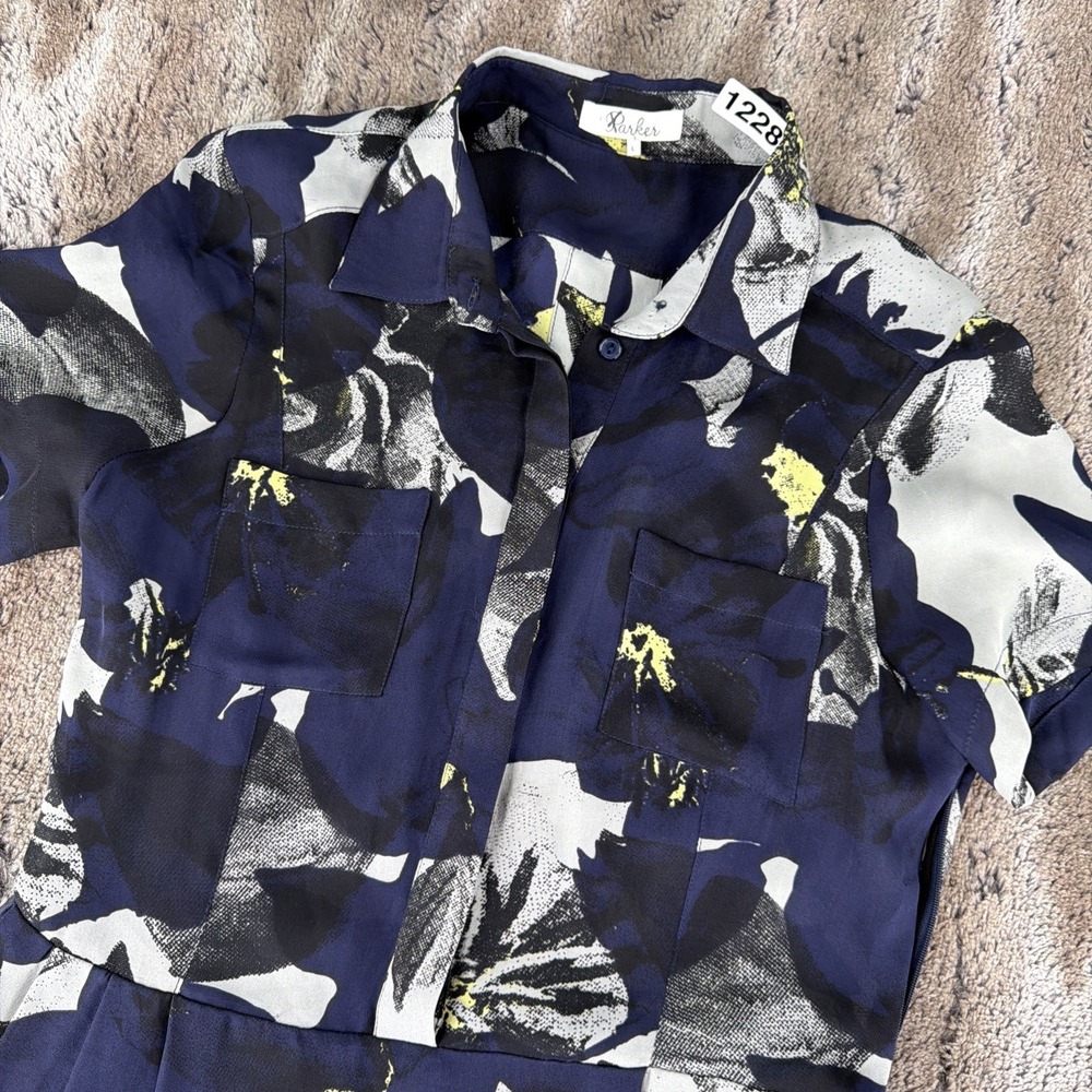 Parker Kelby Navy Yellow Floral Short Sleeve Button Silk Dress Large Fit Flare - Picture 2 of 9
